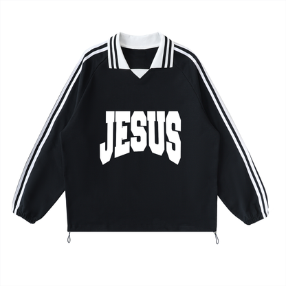 Jesus Contrast Striped Lapel Collar Sweatshirt